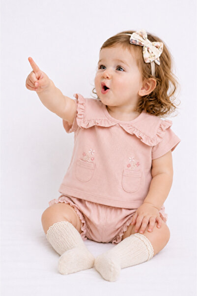 Ozz Baby %100 PAMUK KIZ BEBEK & ÇOCUK ŞORTLU OMUZ DETAYLI FIRFIRLI YAZLIK 2'L...