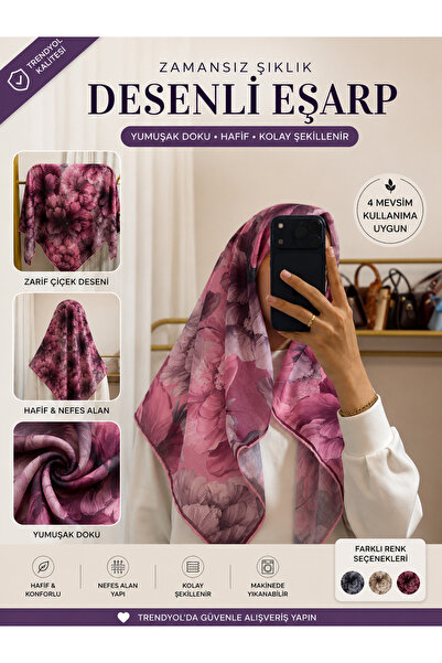 mervecollection Kadın Desenli Eşarp Fuşya Gül Desenli
