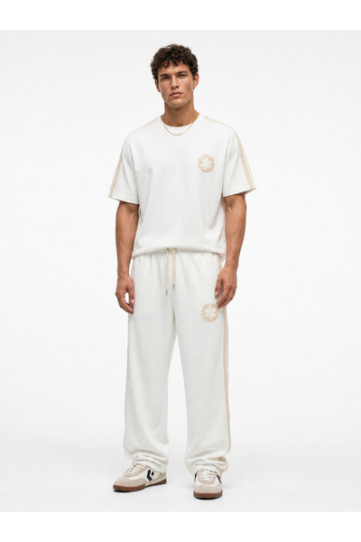 Respire Men's R Embroidered Stripe Detailed Regular Fit Tracksuit Set Ecru