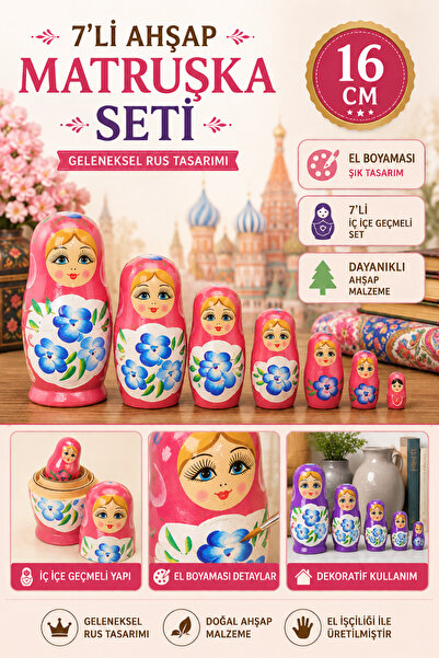 Tamsena Store 16 Cm 7’li Ahşap Matruşka Seti El Boyaması Dekoratif Rus Bebek ...