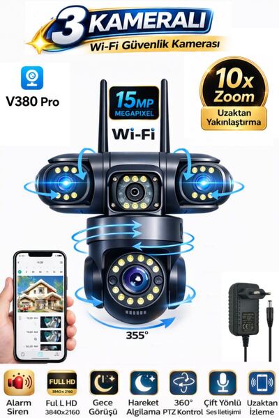 SONREİR RX113W WİFİ 3 Kameralı Güvenlik Kamerası 15MP ULTRA HD PTZ Hareketli ...