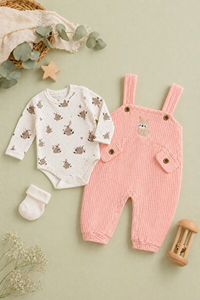 METEOR BABY Baby Girl Salopetli 3-Piece Set with Rabbit Embroidery Seasonal B...
