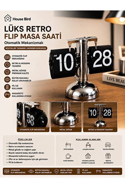 House Bird Lüks Retro Flip Masa Saati Otomatik Mekanizmalı Metal Masaüstü Saat