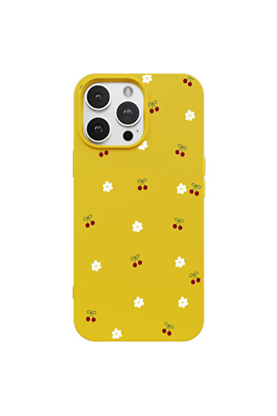 Casen iPhone 16 Pro Max Sarı Lansman Renkli Silikon Kiraz ve Çiçek Desenli Ka...