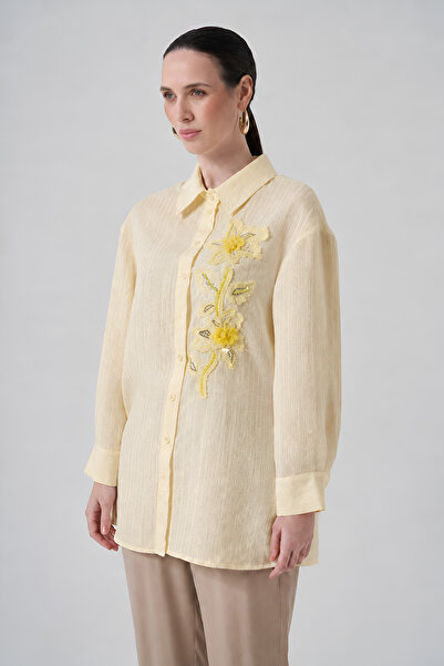 SBL DESIGN Women's Floral Appliqué Thin Textured Striped Oversize Long Shirt ...
