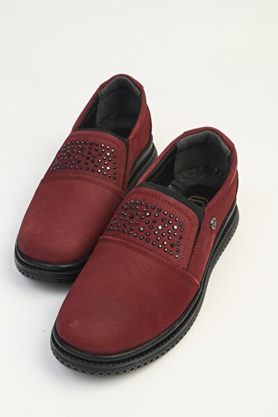 QUİEN Women's Burgundy Nubuck Loafer Shoes with Stone Detail, Daily Comfortab...