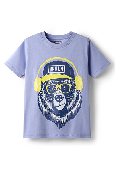 Pine kids Cotton Knit Half Sleeves T-Shirt with Bear Print - Purple