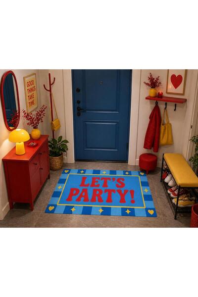 Rugs Modern Halı Let's Party Yazılı Retro Tasarım Mavi Dekoratif Dokuma Taban...
