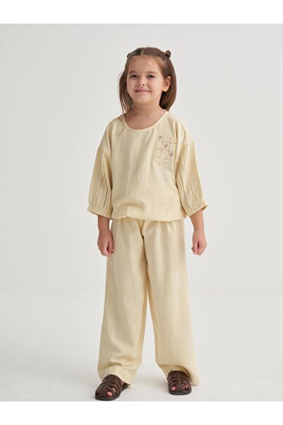 Cigit Embroidered Linen Suit with Loose Trousers, Yellow, Ages 2-7