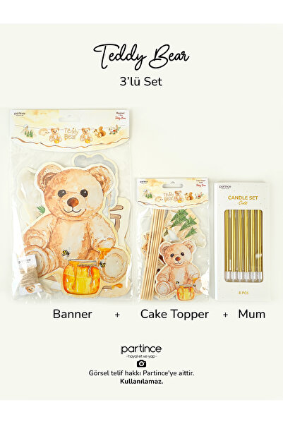 partince Teddy Bear Tema 3 Parça Pasta Süsü Cake Topper Banner ve 6'lı Metali...