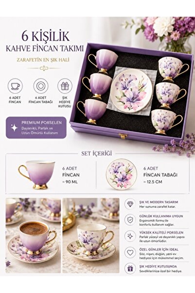 SHARI 6 Kişilik Porselen Kahve Fincan Takımı Gold Detaylı Çiçek Desenli Lüx S...