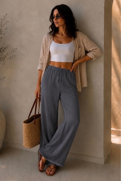 bb butik basic Women's Muslin Casual Trousers with Elastic Waist and Detailed...