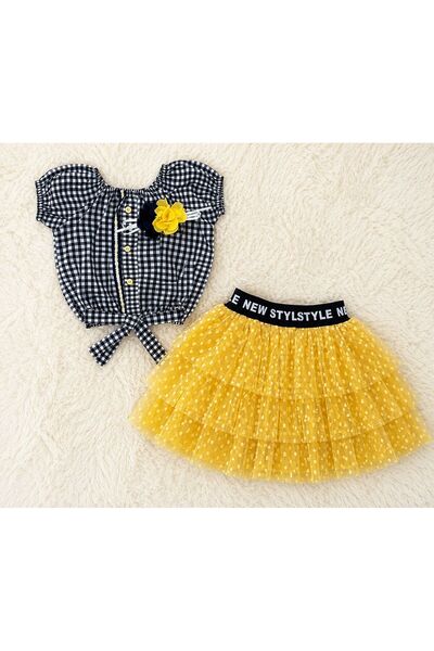 NECİXS BEBEE Mine Trend Pitikareli Tutu Skirt and Floral Accessories Girls' Summer Set