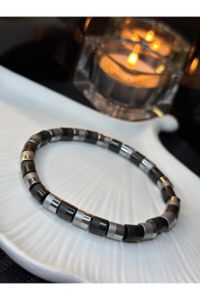 Moonstone Accessories سوار من الحجر الطبيعي الهيماتيت باللونين الفضي والأسود ...