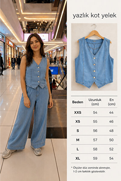 STYLENEST Açık Mavi Kot Takım Yelekli Bol Paça Pantolon Yazlık Jean Takım