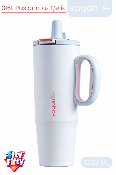 Vagonlife Tumbler 1200 ML Tek Kapak Çift Kullanım Pipetli Rahat İçim Kulplu P...