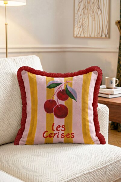 IdeCraft Cherry Patterned Striped Throw Pillow Cover - Burgundy Tasseled Retr...