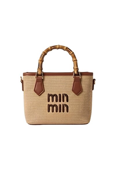 MİN & MİND Natural Straw Beach Bag - Stylish Summer Tote with Bamboo Wood Handle