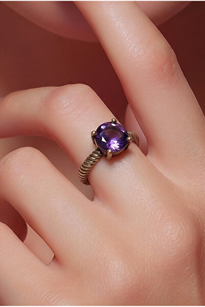 NBS Beautiful Naturel Stones Copper Pure Ring with Purple Stone Vintage Adjus...