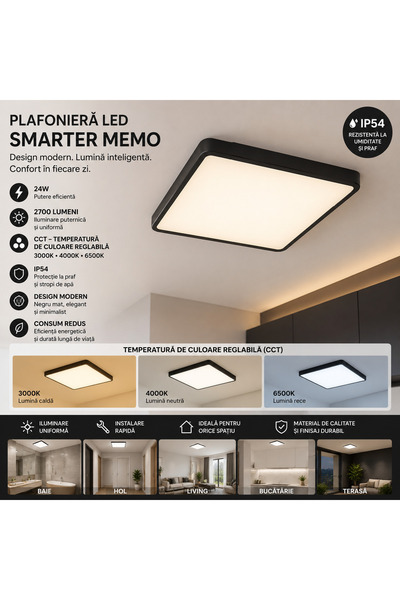 OEM Smarter Memo LED Ceiling Light, Matte Black, 24W, CCT, 2700 lm, IP54 – Mo...