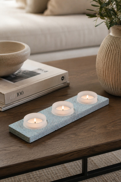 BYC TÜRKİYE Ahşap Granit Dokulu Boyalı 3’lü Tealight Mumluk – Turkuaz Dekorat...