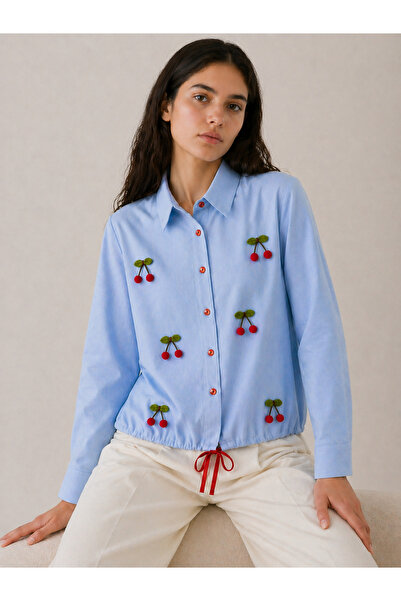 PENGORA Cherry Detailed Comfortable Fit Long Sleeve Lace-Up Women's Shirt
