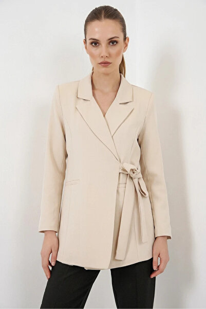 ALFA AKSESUAR 03 Women's Blazer with Collar, Belted, Side Tie, Beige Jacket