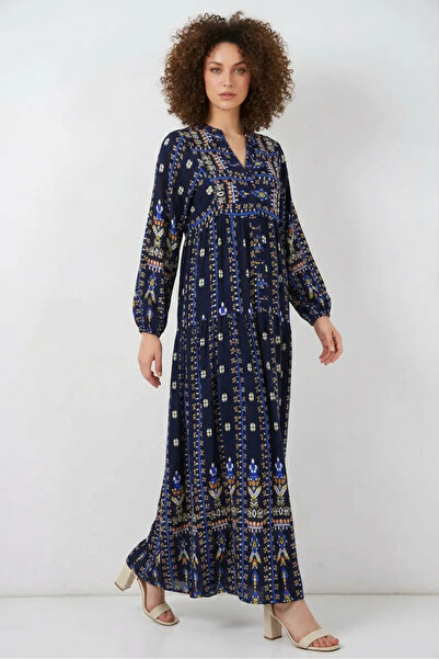 buğrahayalin Women's Authentic Patterned Viscose P. Navy Blue Hijab Dress
