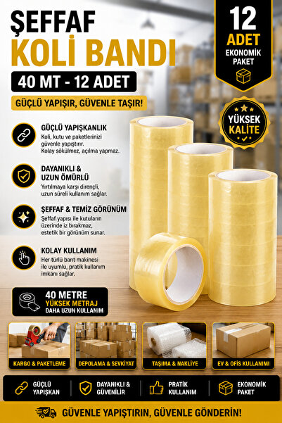 ANI OFİS KIRTASİYE A K Şeffaf Koli Bandı 40 Metre – Güçlü Yapışkanlı 12’li Ek...
