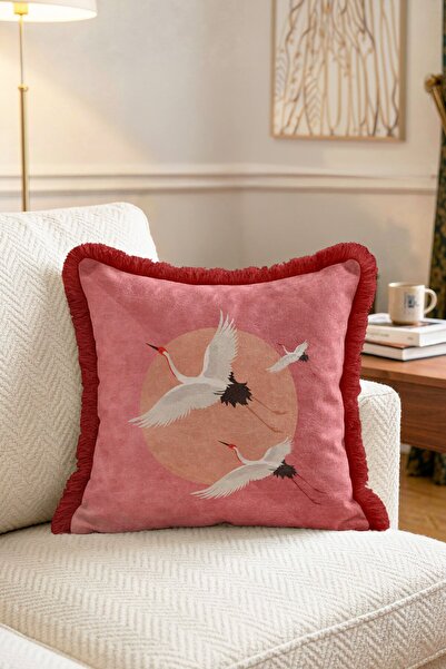 IdeCraft Flying Crane Birds Fringed Throw Pillow Cover - Japanese-Inspired Co...