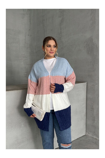 LC Waikiki Nevavm with Difference Plus Size Long Sleeve Open Front Color Bloc...