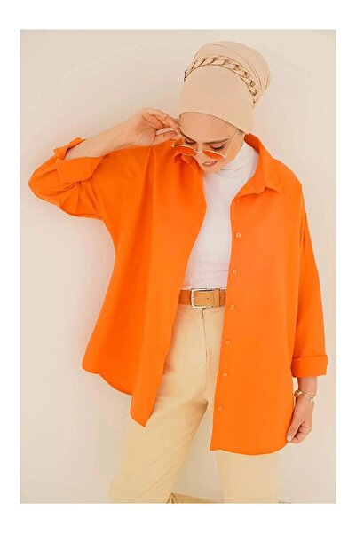 LC Waikiki Nevavm Women's Hijab Orange Wide Fit Long Basic Shirt with a Diffe...