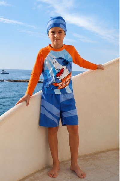GİYİCEM TEKSTİL Boys' Swimwear Shorts Set Long Sleeve Shark Print 3 Piece Swimming Set Including Swim Cap