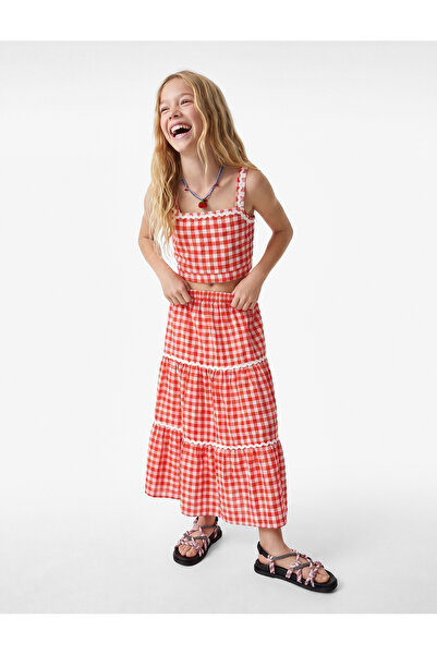 Koton Viscose Blended A-Line Gingham Midi Skirt