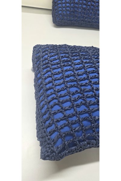Zümrüdüanka Handmade Package Contents: 2 Pieces of Hand-Knitted Raffia Rope Pillows in Navy Blue Color.