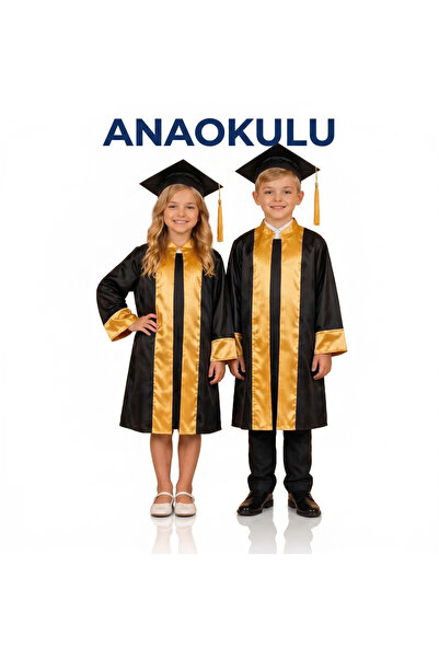 NACAR STORE Çocuk ANAOKULU Renkli Şeritli Siyah Mezuniyet Cübbesi ve Kep Takımı