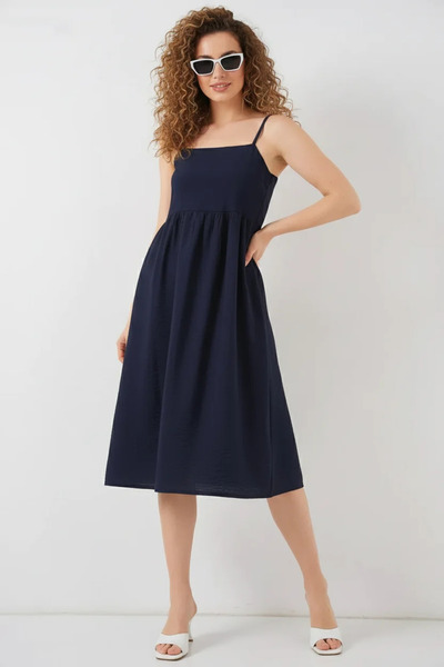 buğrahayalin Women's Strappy Viscose Navy Blue Dress