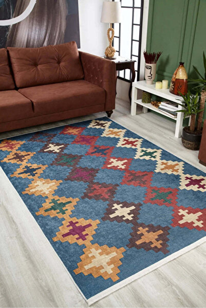 halinet Halı.Net Blue Ethnic Bohemian Washable Non-Slip Living Room Carpet Ha...
