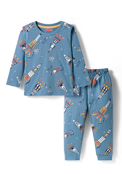 Babyhug Cotton Knit Full Sleeves Co-ord Night Suit With Rocket Print - Blue