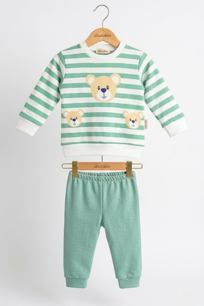 zubi kids Teddy Bear Print Patterned Striped Baby Top and Bottom Set (6-24 Mo...