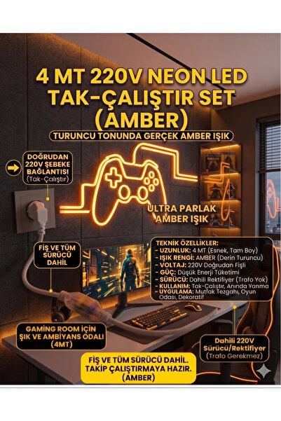 ECONA 4 METRE AMBER Neon Esnek Şerit Led 220v Tak Çalıştır Tezgah ve Mutfak A...