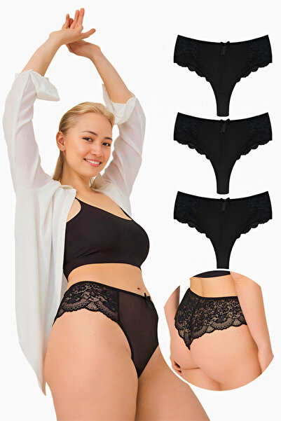 Homay 3-Pack Black Plus Size Brazilian Panties with Transparent Front Tulle D...