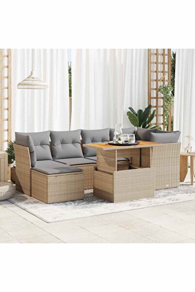 vidaxl Set canapele de gradina, 7 piese, cu perne, bej, poliratan