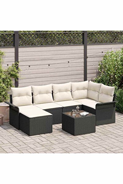 vidaxl Set de canapele pentru gradina cu perna 7 pcs Negru poliratan