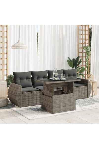 vidaxl Set canapea de gradina cu perne, 5 piese, gri, poliratan