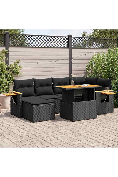 vidaxl Set canapele gradina perne 7 piese negru, poliratan/lemn acacia