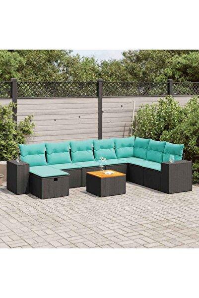 vidaxl Set mobilier de gradina cu perne, 9 piese, negru, poliratan
