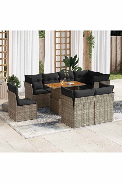 vidaxl Set canapele de gradina, 9 piese, cu perne, gri, poliratan