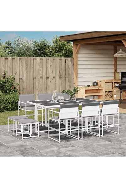 vidaxl Set mobilier de gradina, 11 piese, cu perne, alb, textilena