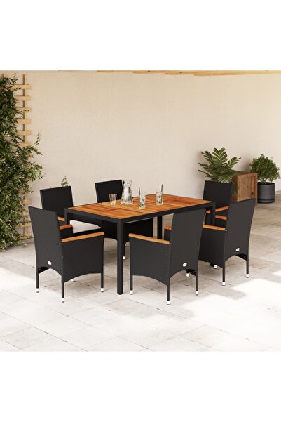 vidaxl Set mobilier gradina perne 7 piese negru poliratan/lemn acacia